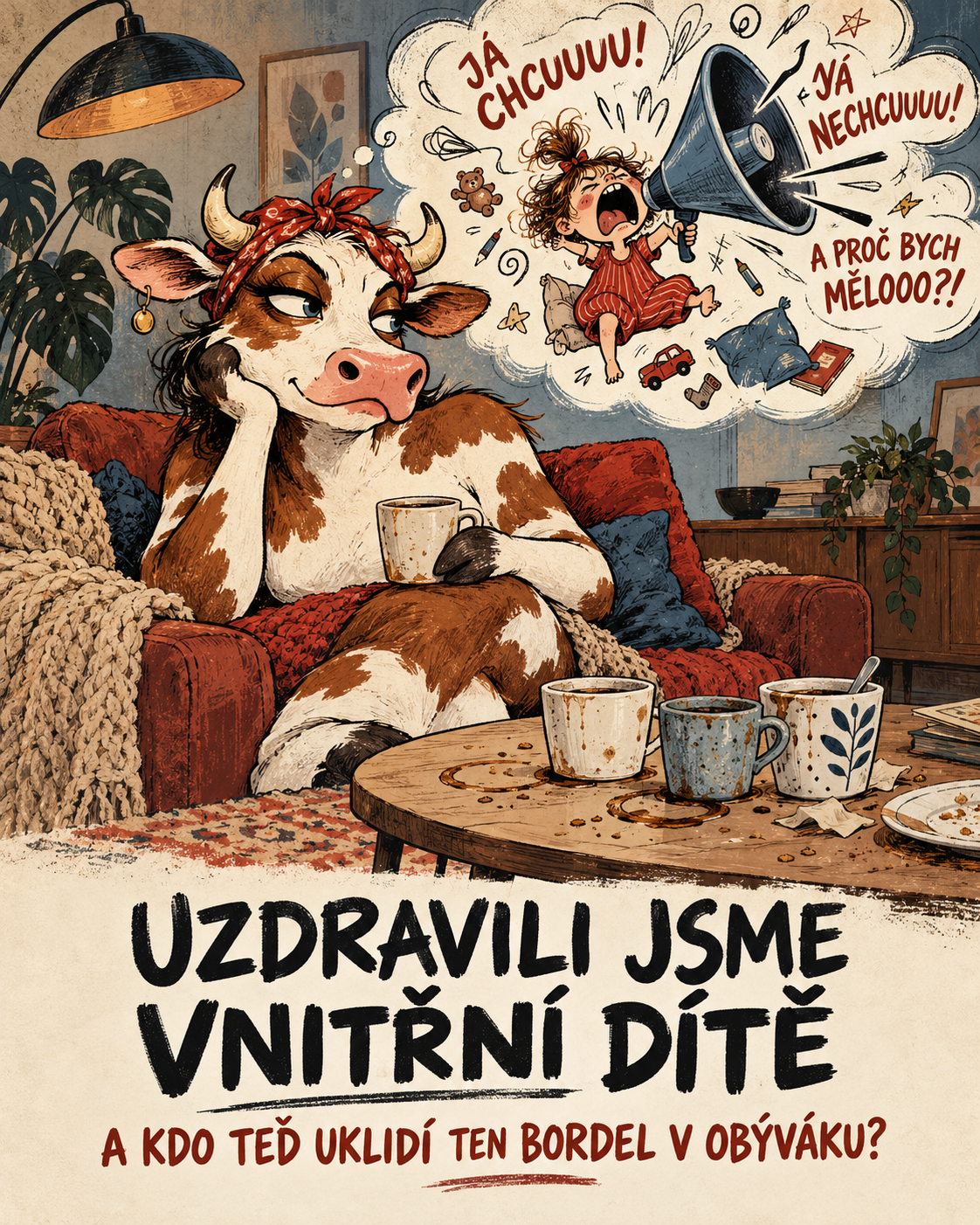 Ilustrace krávy zavalené povinnostmi a křičícího vnitřního dítěte. Kdo vlastně komu uklízí život?